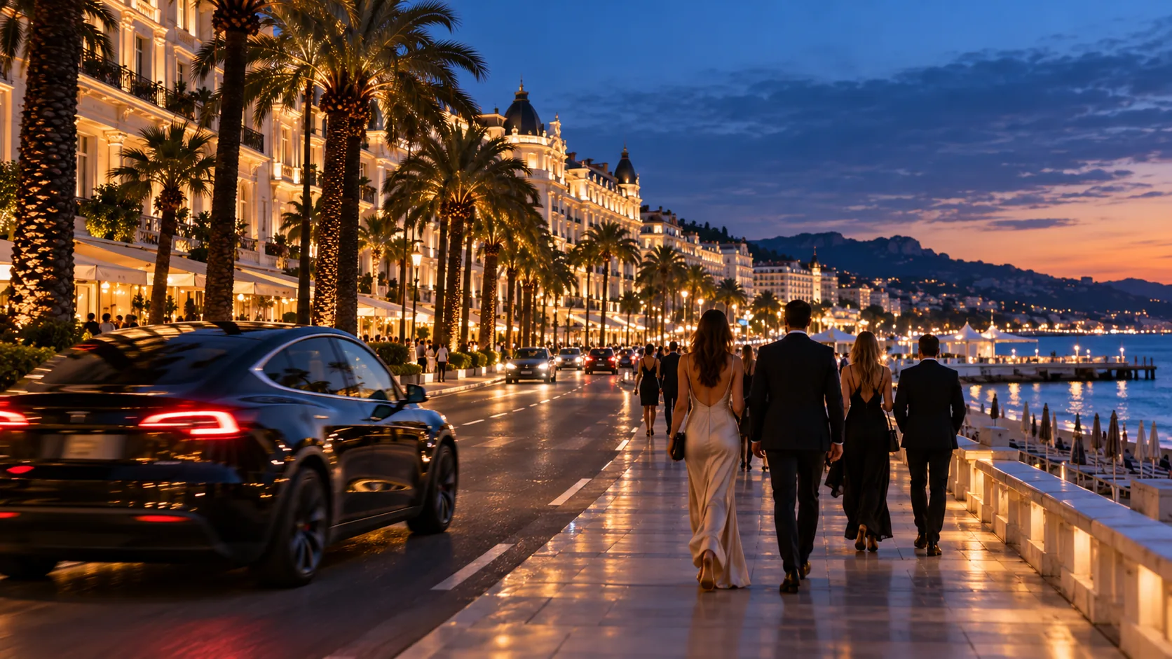 La Croisette à Cannes à la tombée du jour