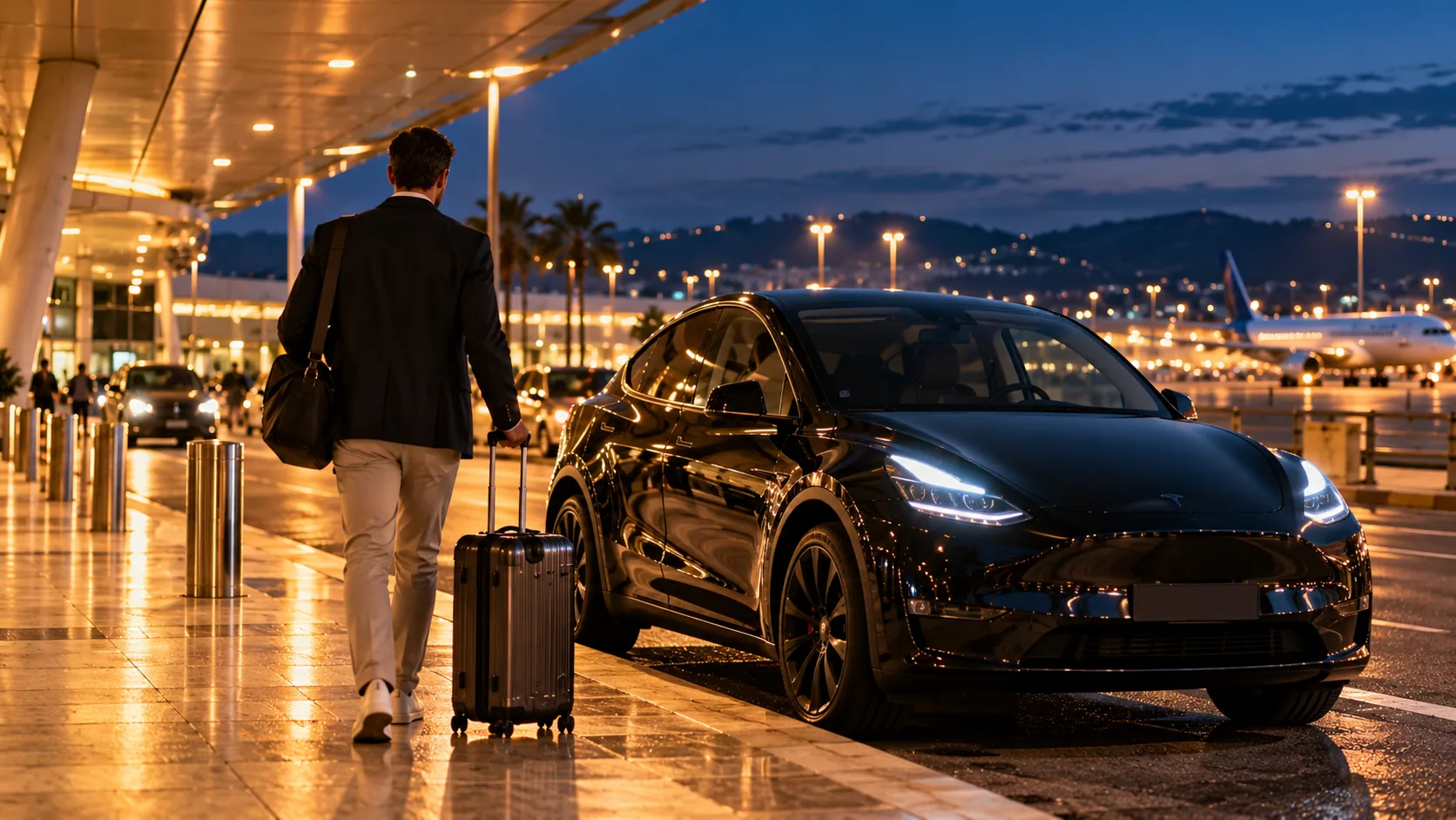 Voyageur arrivant de nuit devant l'aéroport