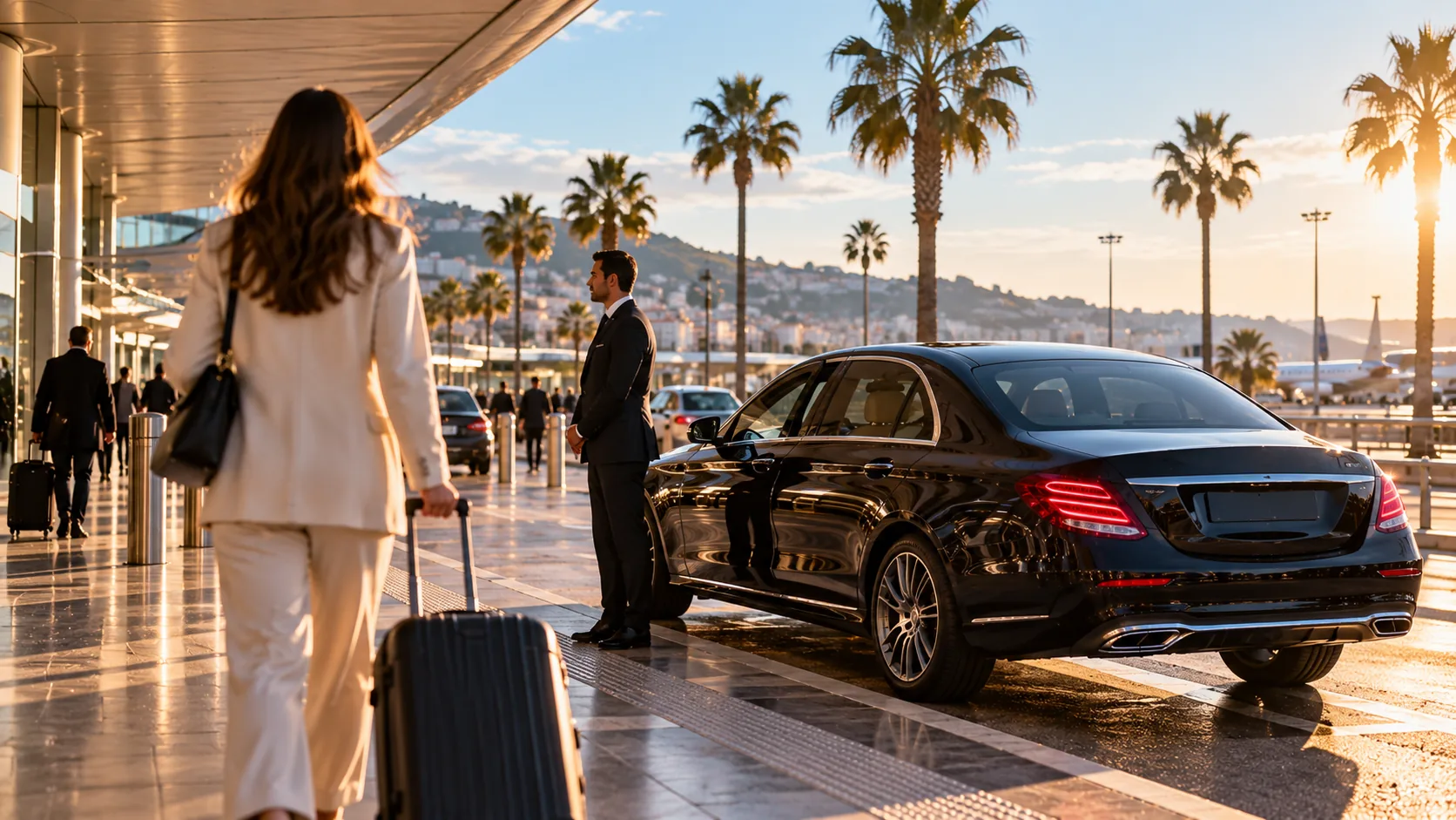 Chauffeur et berline en attente devant l'aéroport