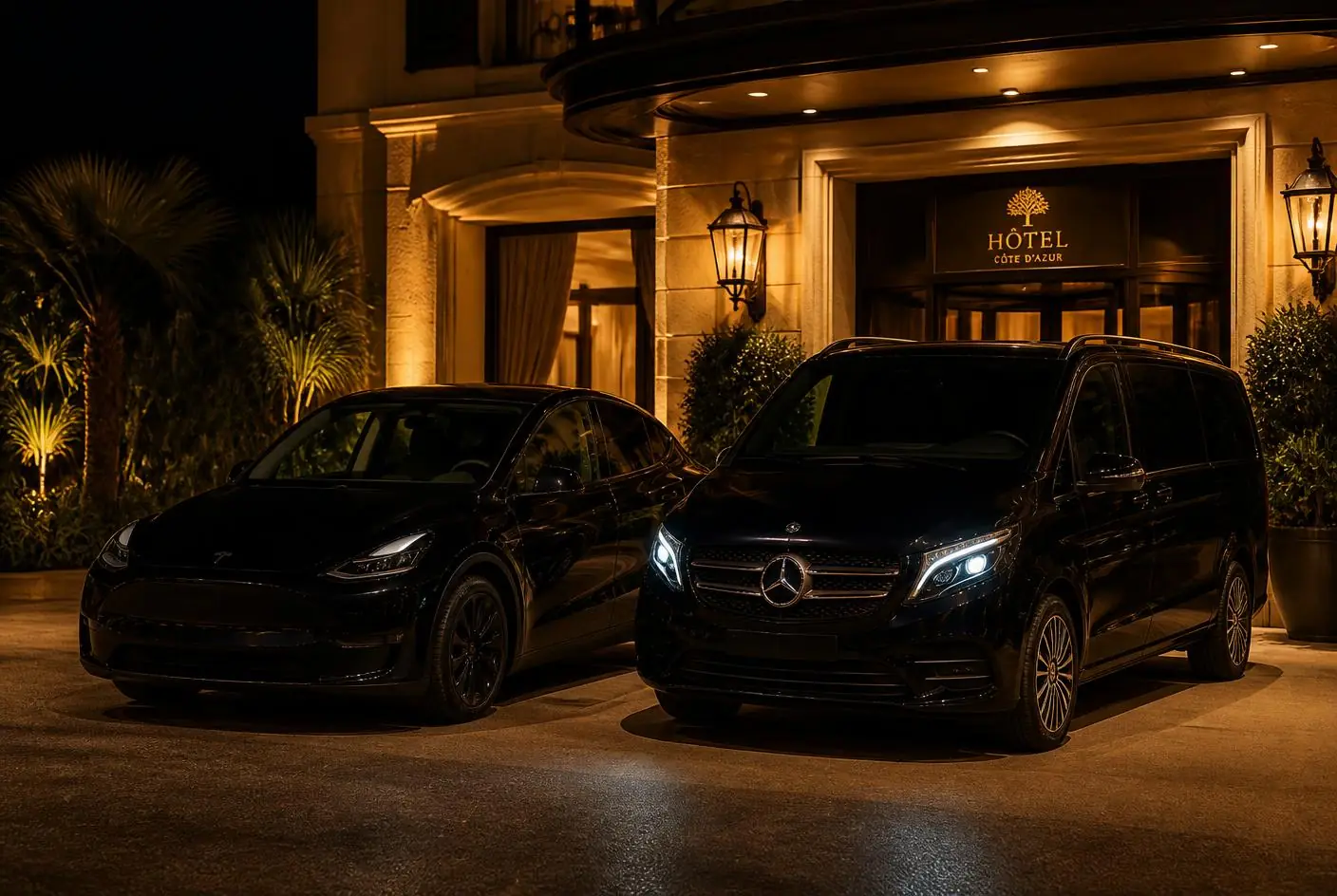 Berline noire et Van noir devant un hôtel de luxe de la Côte d'Azur